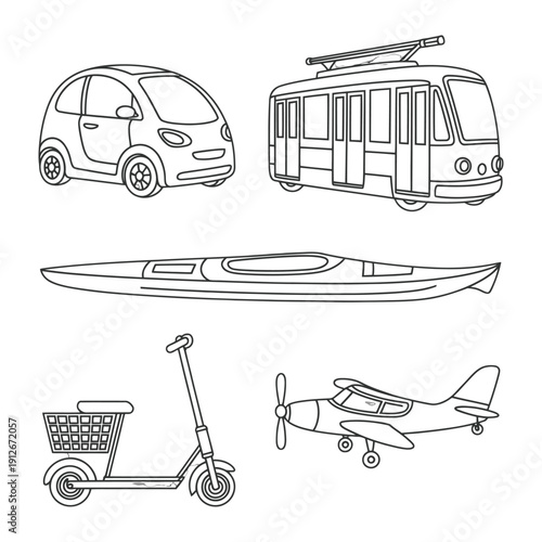 Transportation Icons: A collection of various transportation modes, including car, tram, kayak, scooter, and airplane. All of this is depicted in monochrome graphic style. 