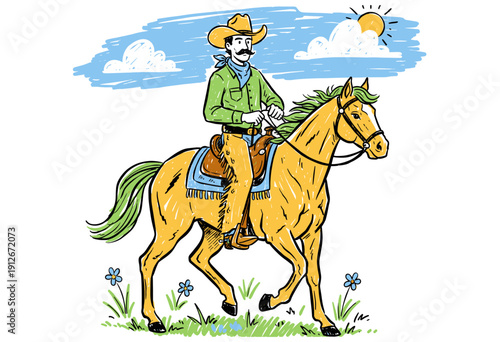 Cowboy riding a horse vintage artwork. Wild west rodeo graphic design. Western lifestyle apparel illustration. Man in cowboy hat hand drawn sketch. Ra