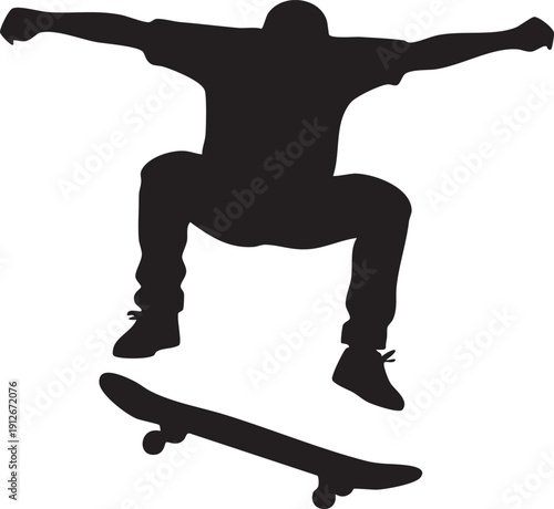 Person performing a trick on a skateboard silhouette isolated on white background minimalist skateboarding and extreme sports action illustration