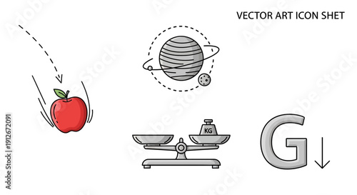 Gravity Concept: Falling Apple, Planet, Scales, and Letter G