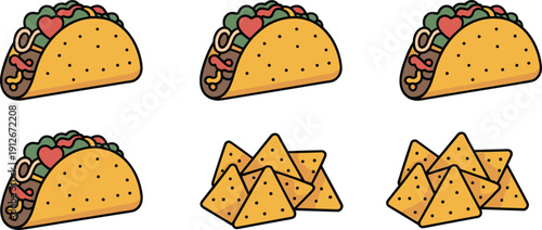 Vector illustration of tacos and nachos, Mexican fast food artwork, crunchy tortilla chips, stuffed taco shells with meat and vegetables, colorful cuisine design
