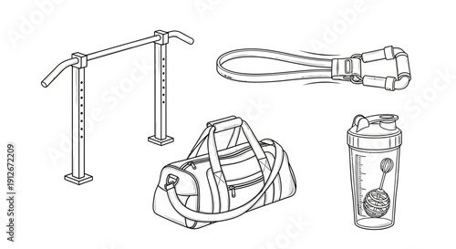 Gym Equipment and Accessories: Pull-up Bar, Duffel Bag, Resistance Band, Shaker Bottle