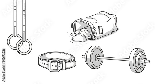 Gym equipment: Gymnastic rings, weightlifting belt, barbell, and protein powder