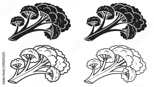 Four arrangements of broccoli florets depicted in a detailed black and white silhouette high quality professional