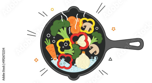 Colorful fresh vegetables like broccoli carrots peppers mushrooms and onions gently cooking in a pan creating a healthy wholesome delicious meal prep