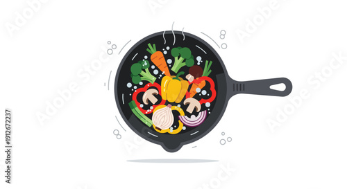 Vibrant and wholesome vegetable medley sizzling in a dark skillet, showcasing fresh ingredients for a nutritious and utterly delicious culinary