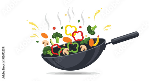 Vibrant assorted vegetables actively stir-frying in a hot wok creating a healthy, steaming meal preparation