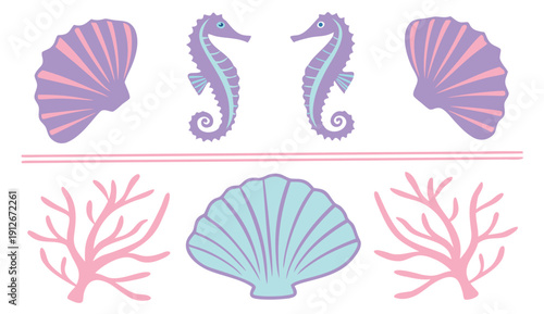 Colorful marine life illustration featuring seashells and seahorses in a distinct silhouette high quality professional detailed