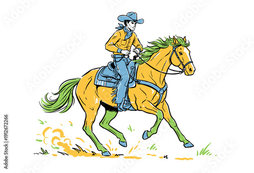 Cowboy riding horse illustration. Wild west rodeo vector design. Vintage western artwork for apparel. Horse rider graphics for t shirt. Ranch life cla