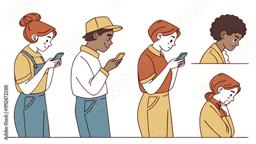 Diverse group of people engrossed in their phones a modern social scene silhouette high quality professional