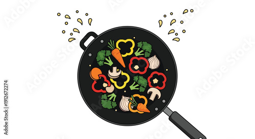 Vibrant illustration of fresh chopped vegetables sizzling in a pan. This image represents healthy and nutritious cooking for wholesome meals and