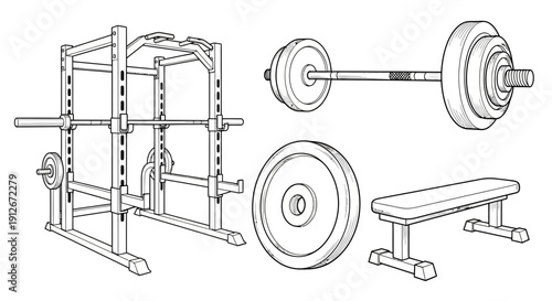 Gym Equipment Set: Squat Rack, Barbell, Weight Plates, and Bench for Strength Training