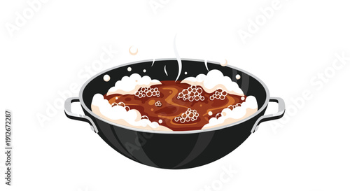 A robust, simmering culinary creation bubbling intensely within a sturdy cooking vessel, showcasing rich brown liquid and frothy white edges