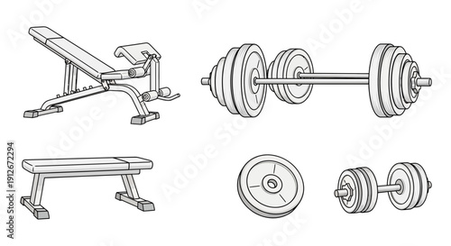 Gym Equipment Set: Weight Bench, Barbell, Dumbbells, Weight Plates