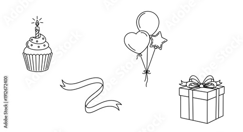 Hand-drawn birthday icons: cupcake, balloons, ribbon, gift box, celebration elements