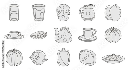 Hand-Drawn Food and Drink Icons: Coffee, Tea, Eggs, Pumpkin, Lemon, Pasta