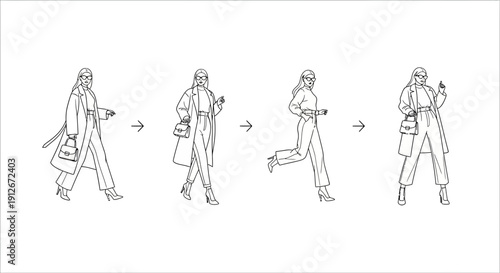 Fashionable Woman's Movement Sequence: Walking, Running, Posing