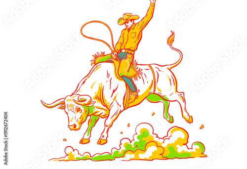 Bull riding cowboy graphic design for t shirt. Rodeo sport artwork for apparel. Cowboy riding a bull competition. Western bull rider extreme sport. Wi