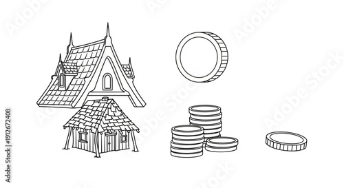 Hand-drawn illustration of a small village house and coins, symbolizing wealth and real estate investment