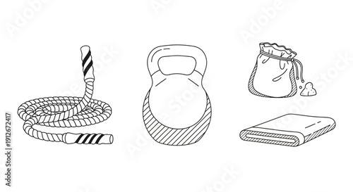 Hand-drawn fitness equipment: jump rope, kettlebell, sandbag, and towel on white background