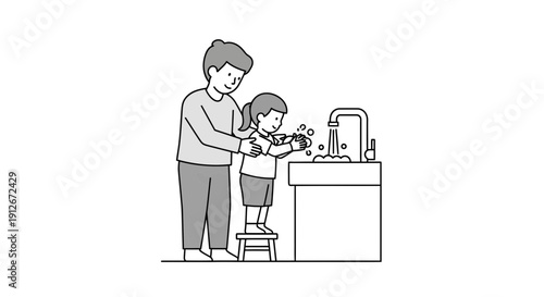 Father teaching daughter to wash hands at sink, hygiene, health, family care
