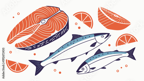 Stylized illustration depicting various cuts of salmon and citrus fruit a bold silhouette high quality professional