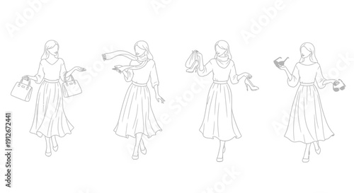 Fashionable Woman Collection: Shopping Bags, Scarves, Shoes, Sunglasses - Line Art