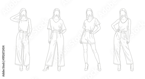 Fashionable women's clothing sketches: stylish outfits for modern style