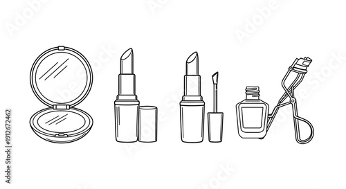 Hand-drawn illustration of makeup essentials: compact mirror, lipsticks, mascara, and eyelash curler.