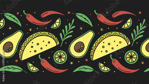 A vibrant pattern of tacos avocados limes and chili peppers creates a festive design silhouette