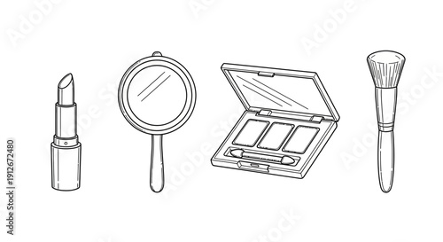 Hand-drawn illustration of makeup essentials: lipstick, mirror, eyeshadow palette, and brush