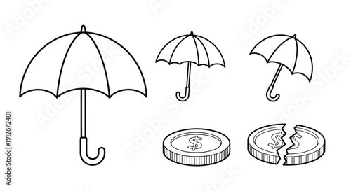 Financial Protection: Umbrellas Shielding Broken Coin, Insurance Concept