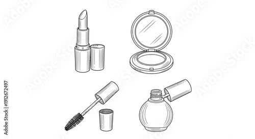 Hand-drawn illustration of makeup essentials: lipstick, mascara, compact powder, and nail polish.