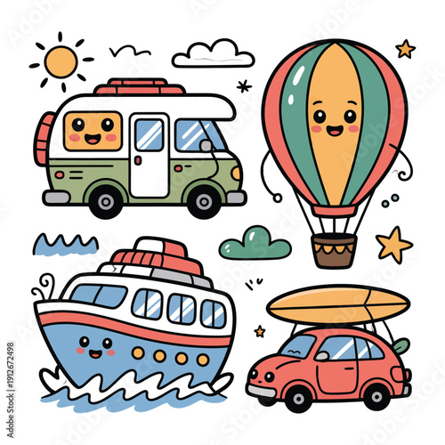 Joyful Journey: An eye-catching illustration showcases a charming collection of travel companions: a camper van, hot air balloon, boat, and a car.