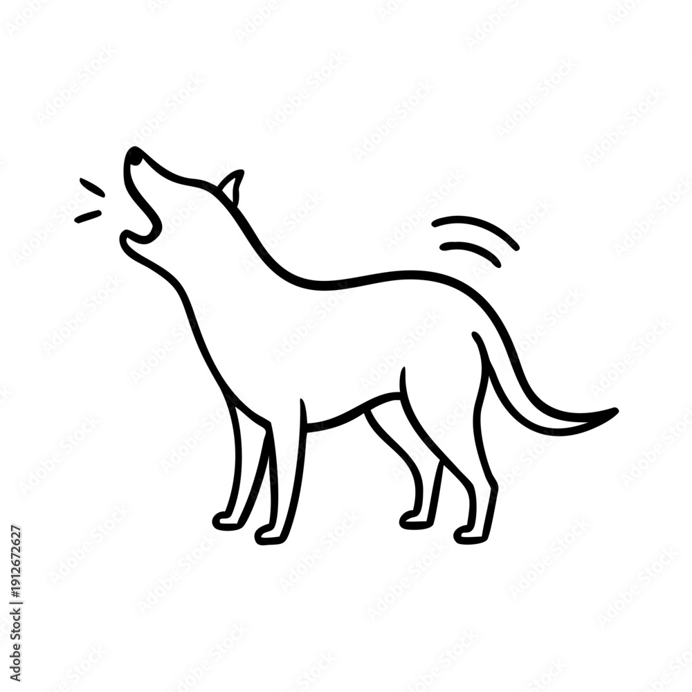 Fototapeta premium Minimalist barking dog icon, hand drawn in black line art, stands against clean white background. This simple animal symbol effectively conveys message of barking dog.