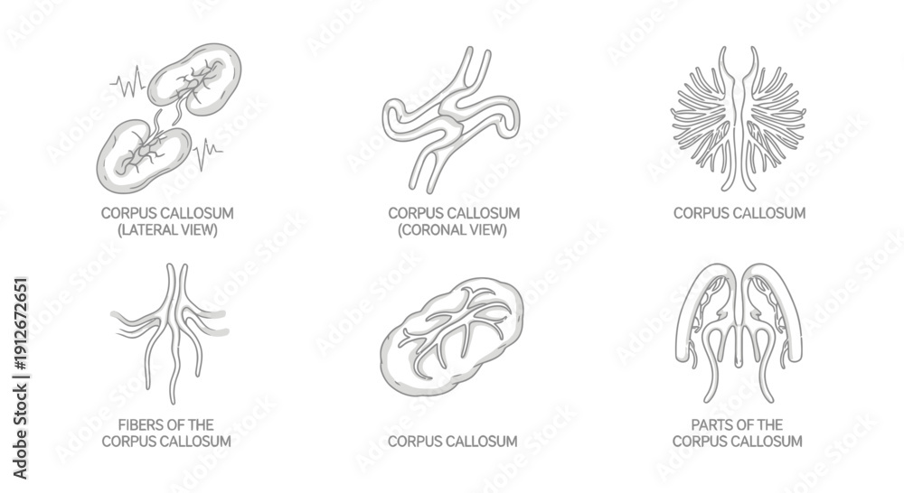 Fototapeta premium Corpus Callosum Anatomy Diagrams: Lateral, Coronal, and Sagittal Views