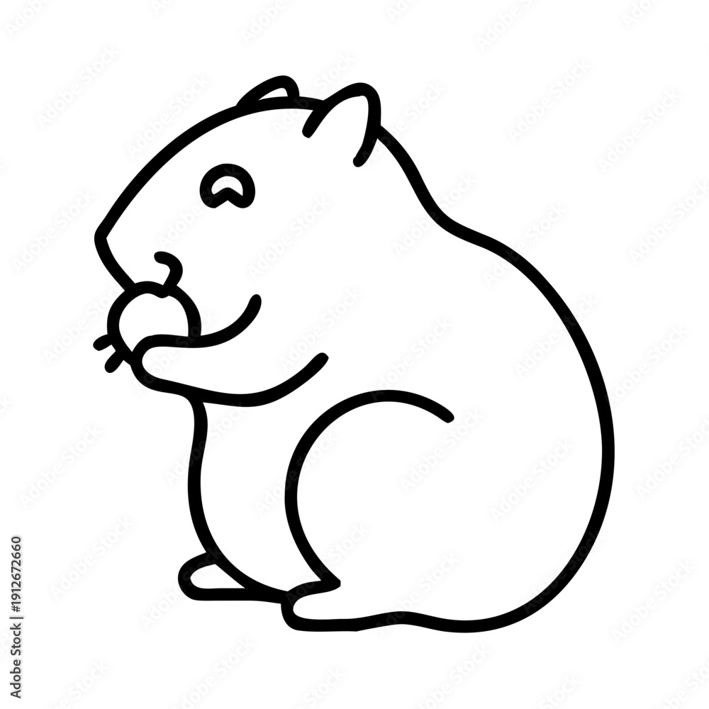 Obraz premium Minimalist hand drawn cartoon style icon showing hamster eating tiny food object. Hamster eating portrayed with simple black line art, featuring cute animal with snack.