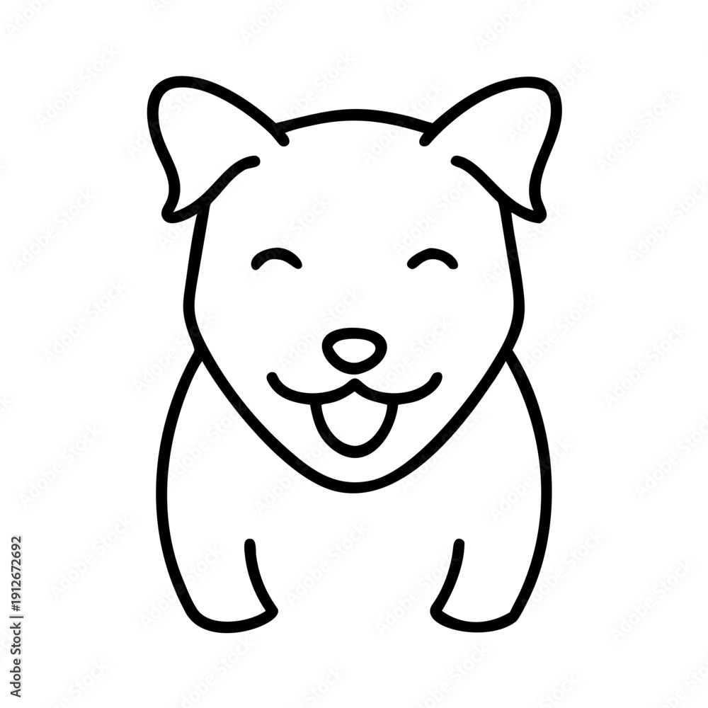 Obraz premium Minimalist happy dog icon, black line art, simple outline. Cartoon happy dog icon shows friendly puppy smiling, tongue out. Charming happy dog icon suitable for pet shop, animal care.