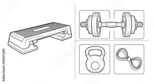 Fitness Equipment: Step Aerobics Platform, Dumbbell, Kettlebell, Resistance Band