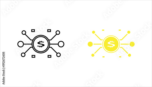 PrintModern outline icon of central dollar symbol connected to multiple financial nodes representing global finance and digital banking network.