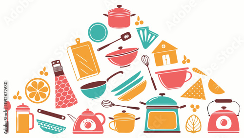 Colorful kitchen utensils and cookware arranged in a pyramid shape flat design silhouette high quality professional