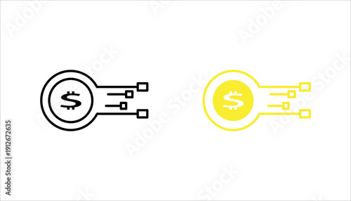 Simple line icon of digital money transfer with dollar symbol and data connection lines. Finance technology concept isolated on white background.