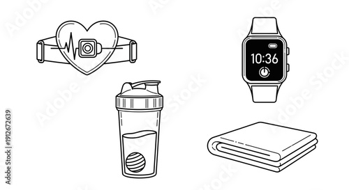 Fitness Gear Icons: Heart Rate Monitor, Smartwatch, Shaker Bottle, Towel - Health & Sport