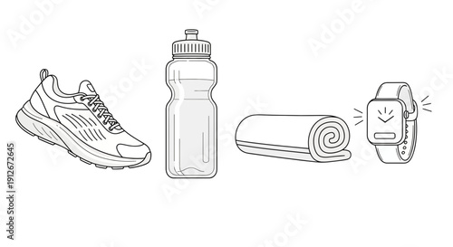 Fitness Gear Set: Sneaker, Water Bottle, Towel, Smartwatch - Healthy Lifestyle