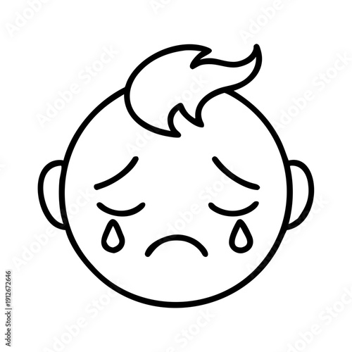 Minimalist crying face icon, hand drawn cartoon style, black line art. Crying face icon shows tears streaming from closed eyes, sad mouth expression.