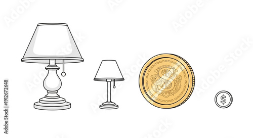 Comparing sizes: large lamp, small lamp, big coin, tiny coin, scale, difference
