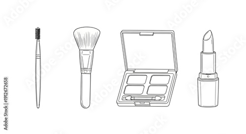 Cosmetic Collection: Lipstick, Eyeshadow Palette, and Makeup Brushes - Line Art Illustration