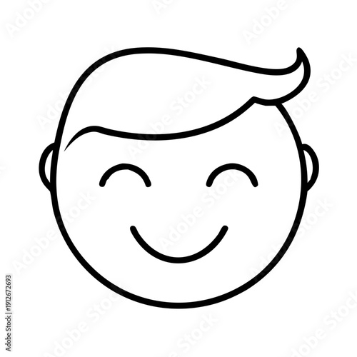 Minimalist hand drawn cartoon style happy face icon in black line art, featuring simple smile and closed eyes, representing joy and positivity.