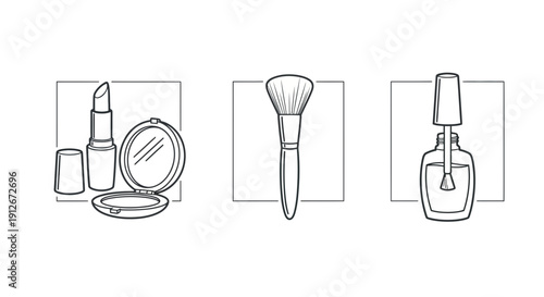 Cosmetic Icons: Lipstick, Powder Compact, Makeup Brush, Nail Polish - Line Art