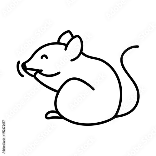 Minimalist mouse nibbling illustration, clean black line art style. Hand drawn cartoon depicts small rodent mouse nibbling contentedly, simple animal graphic.
